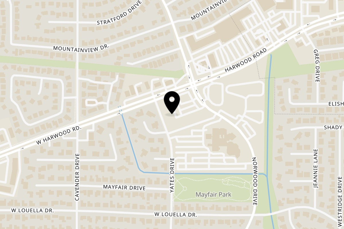 Map showing the location of Sushi Go on 165 W Harwood Rd in Hurst